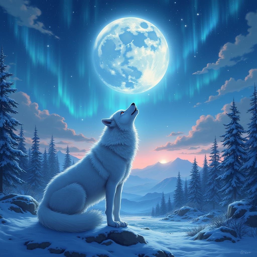 Celestial Wolf Howling at Energy Moon, in Anime Style