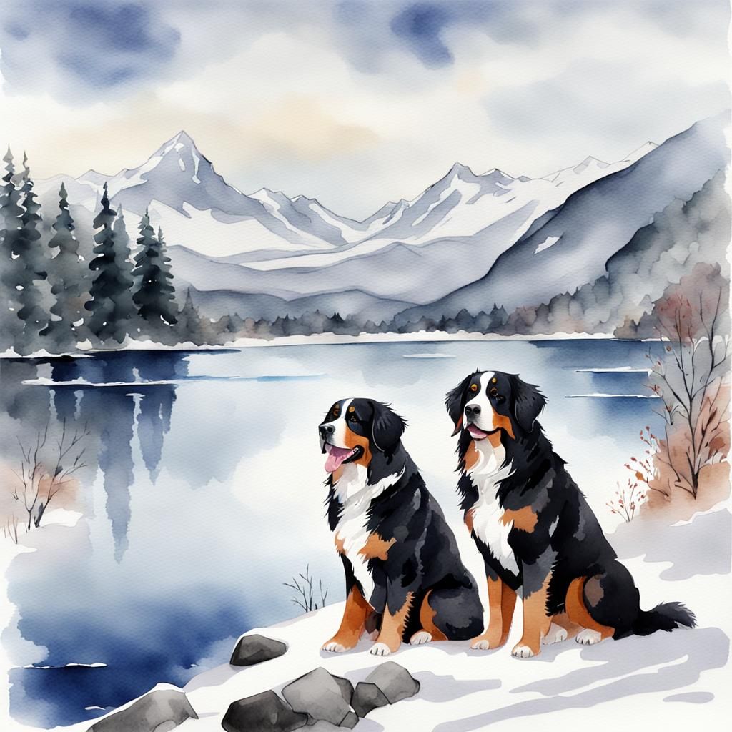 Watercolor Bernese Mountain Dogs in Winter Landscape