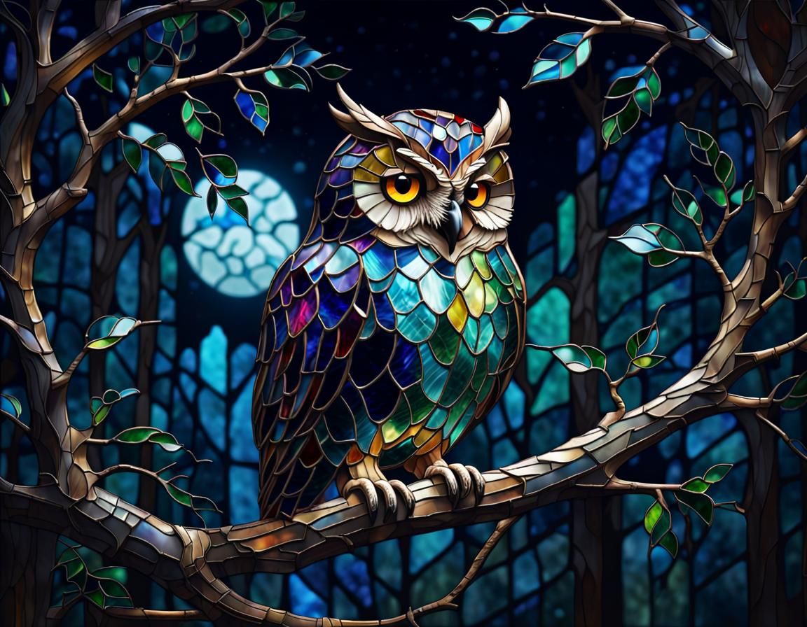Stained-Glass Owl on Branch at Night