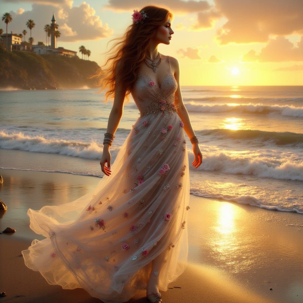 Woman on Beach in Cyberpunk Style