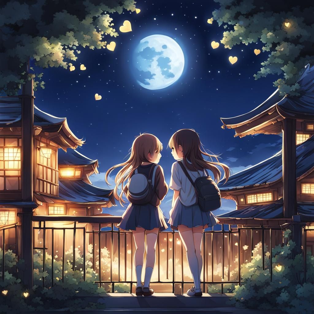 Anime Girls Admire Moonlit Night Scene