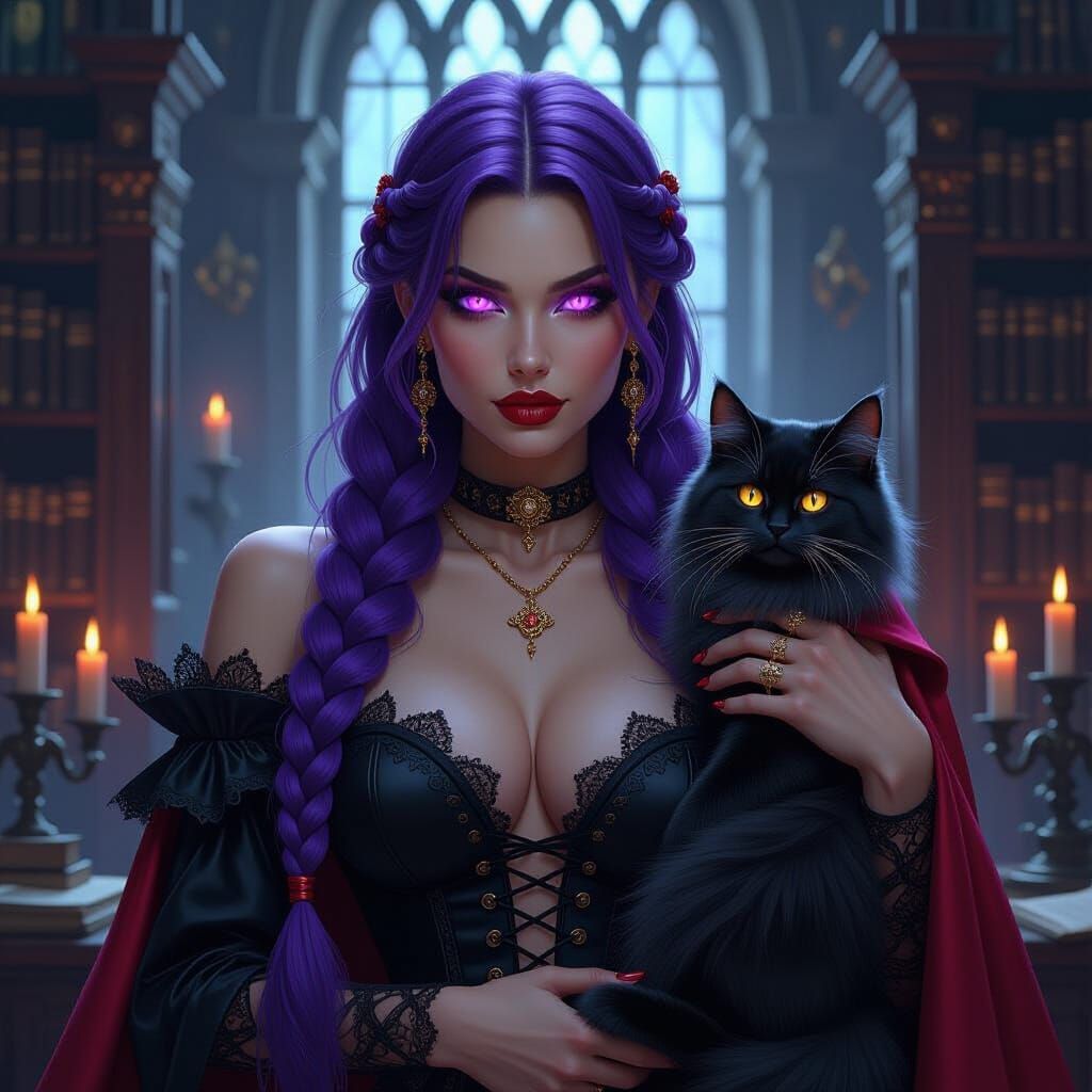 Vampire Woman and Cat in Castle Library