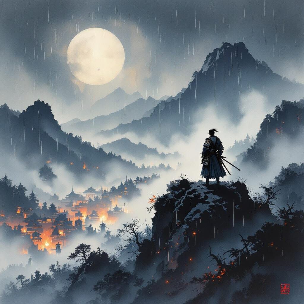 Samurai Overlooks Misty Battlefield in Painterly Style