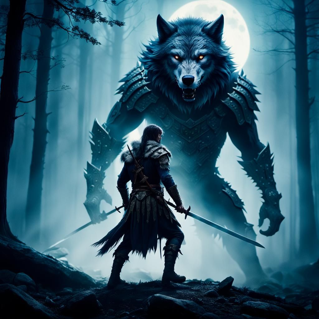 Wolf Warrior in Misty Forest, Cinematic Film Still