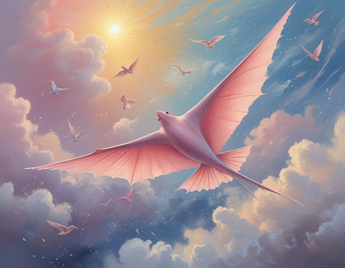 Dreamlike Winged Stingray Soars Amongst Clouds in Vibrant Oi...