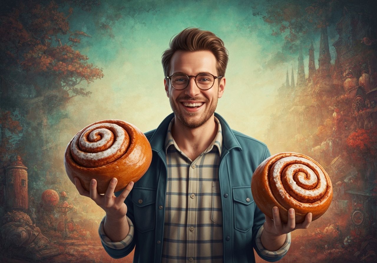Man with Giant Cinnamon Buns: Hyperrealistic Digital Art