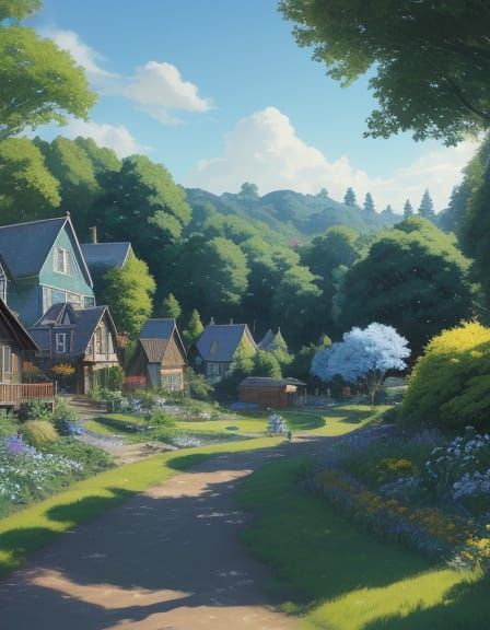 Quaint Victorian Summer Village Scene in Sumi-e Style