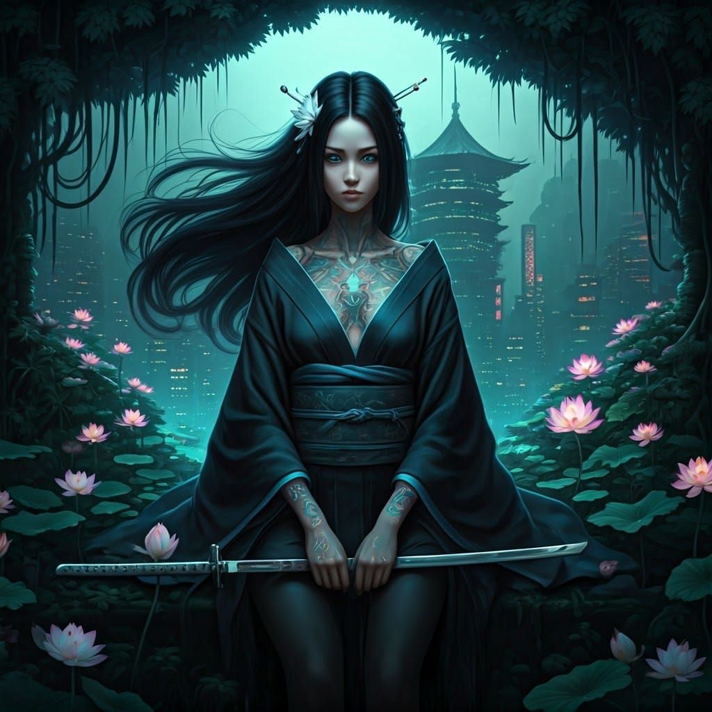 Ethereal Ronin in Luminous Cyberpunk Garden