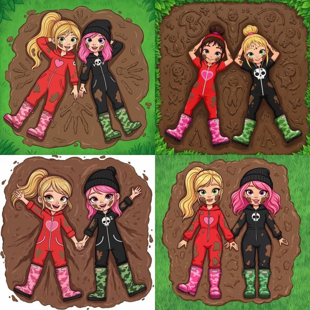 Cartoon Girls Making Mud Angels in Garden