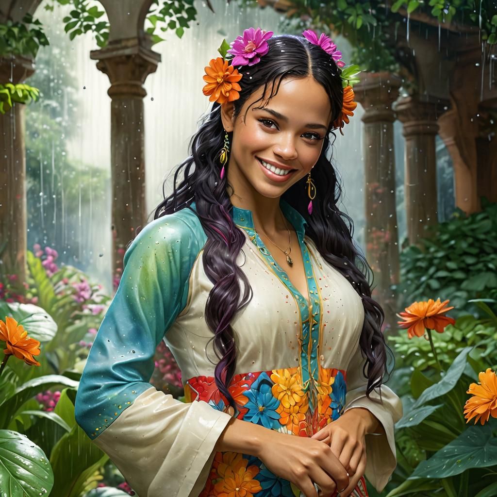 Joyous Woman Dancing in Summer Rain, Dreamworks Style