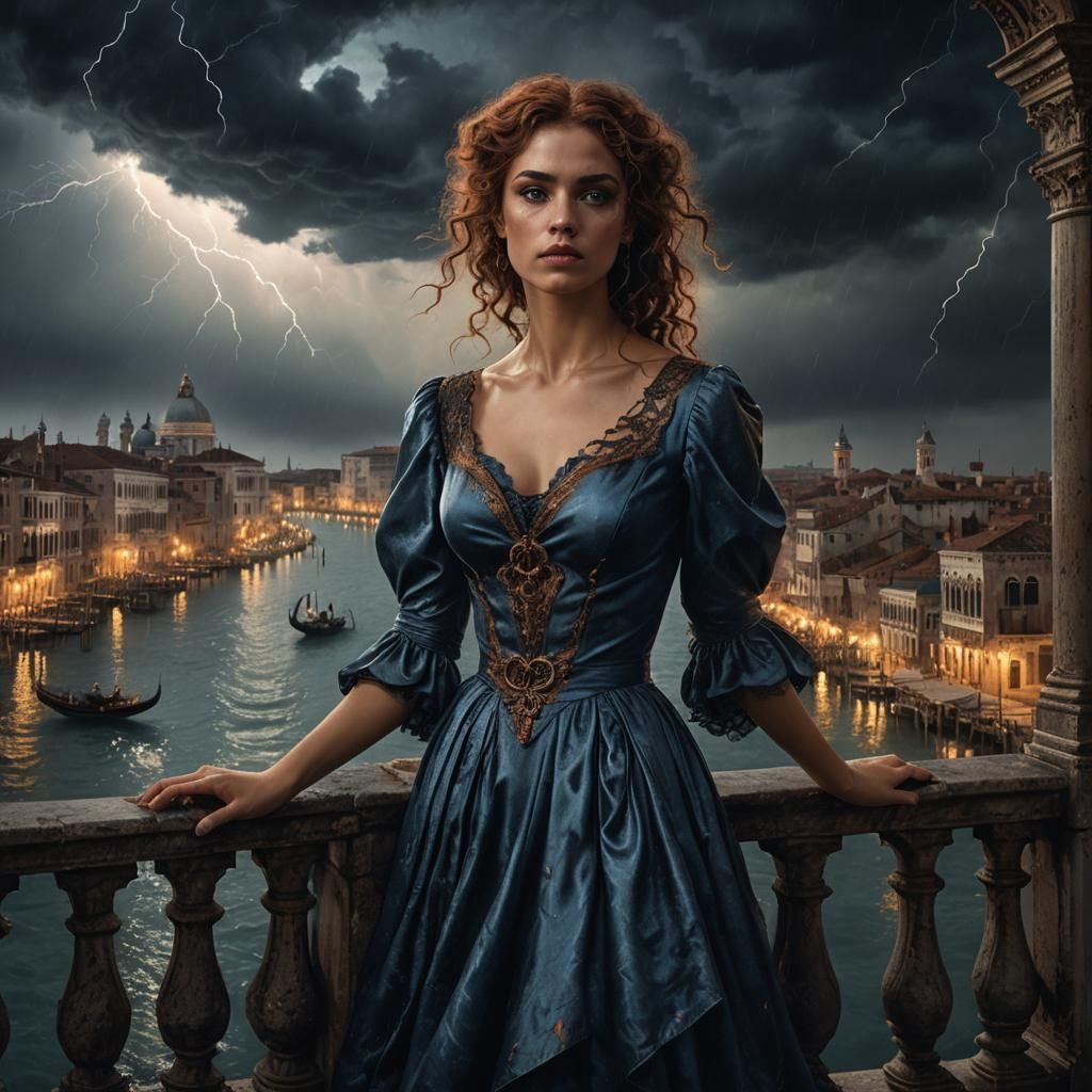 Gothic Venice Night Storm: Electric Blue Dress