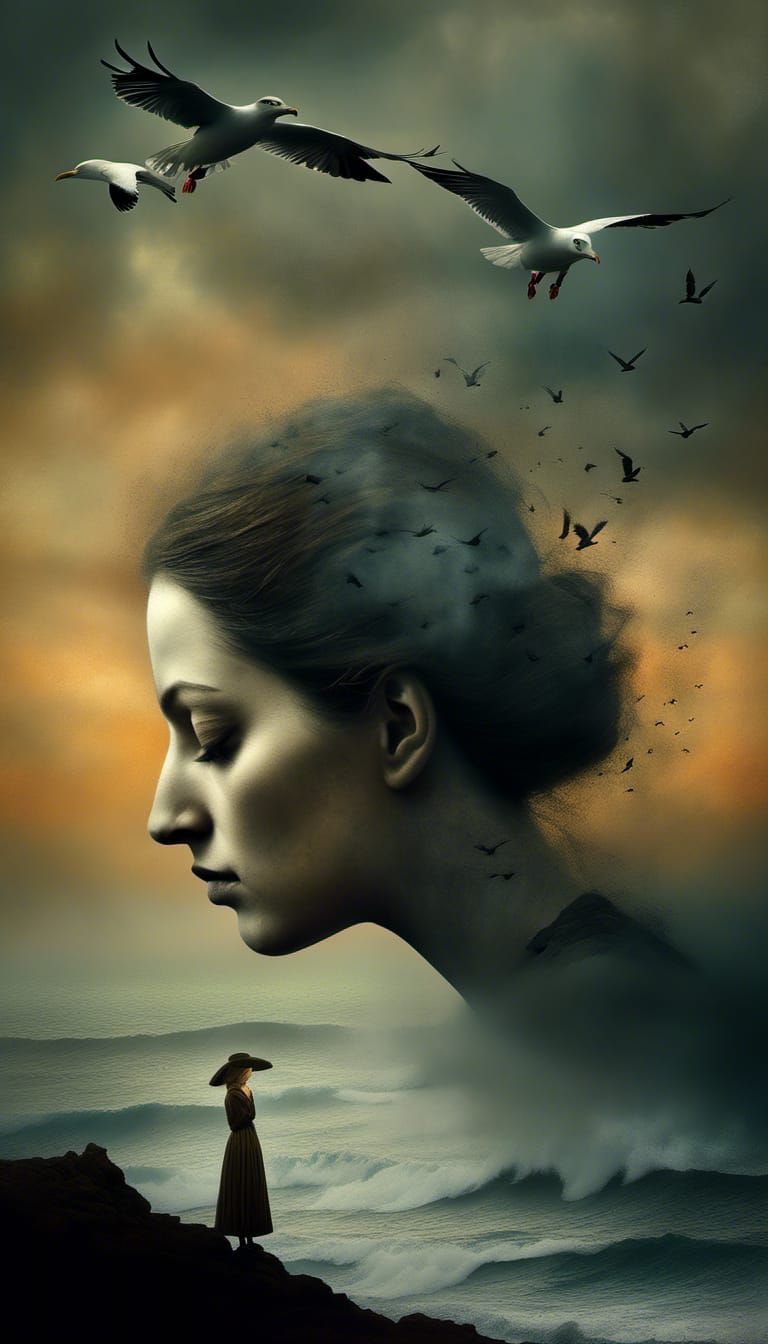 Eerie Double Exposure of Castaway Woman at Sunset