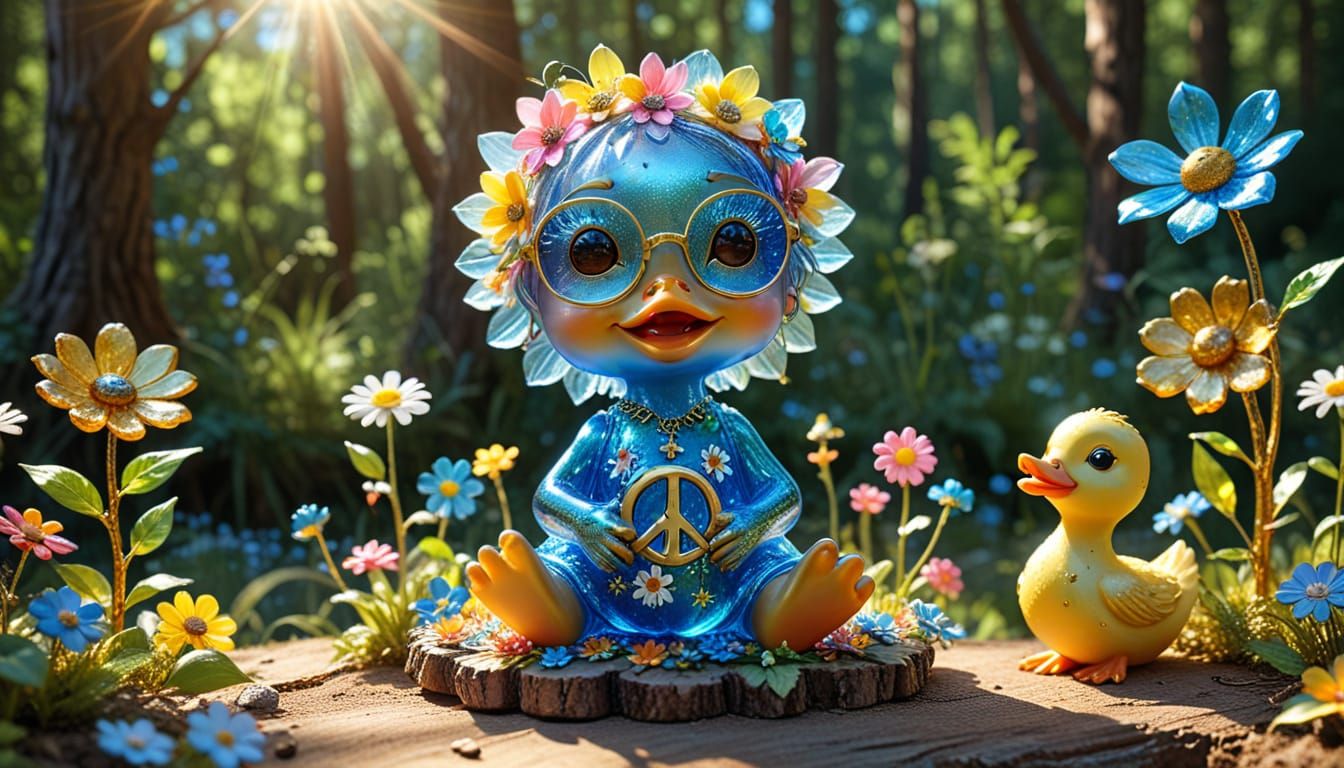 Iridescent Hippie Glass Sculpture with Duckling