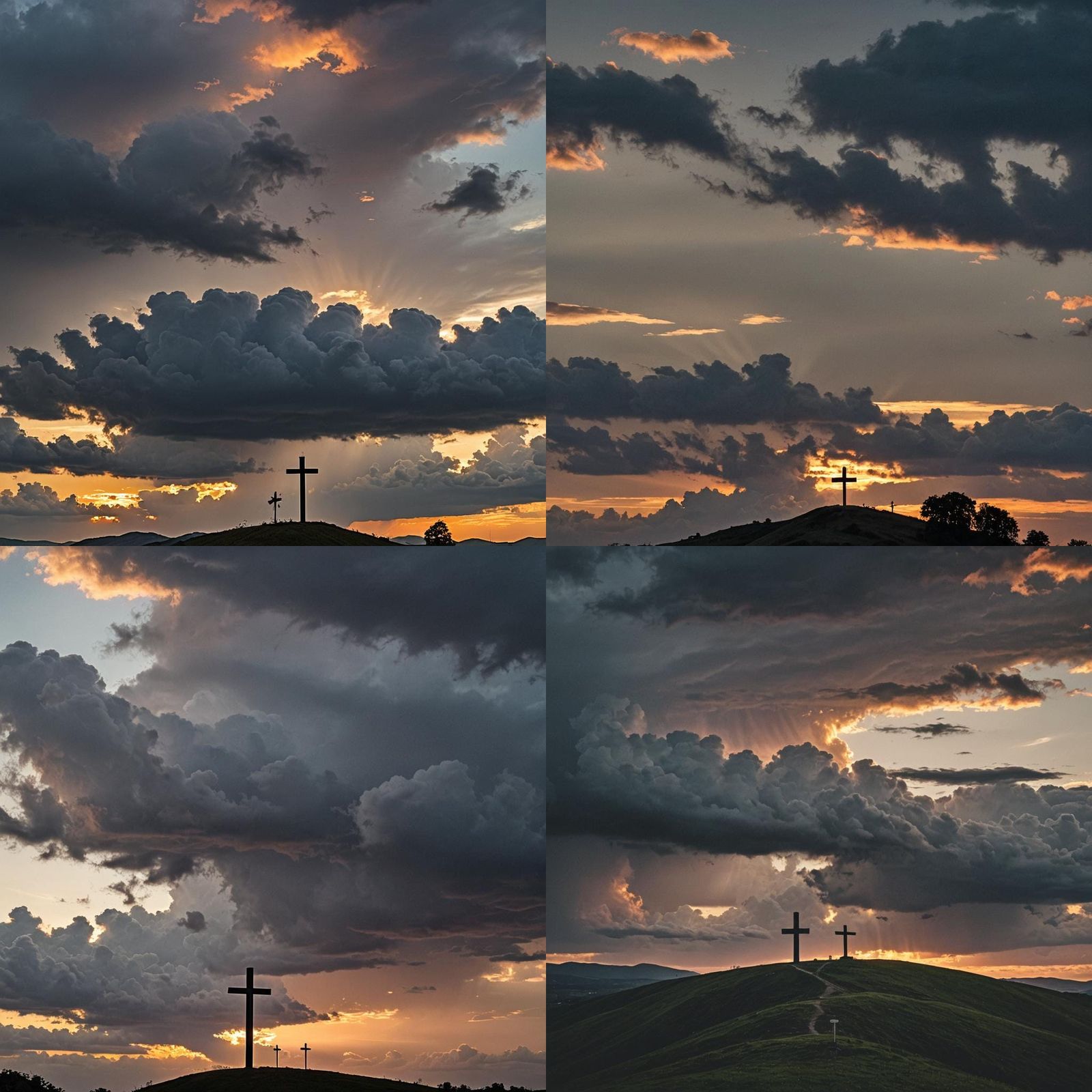 Hilltop Cross Under Dark Sunset Clouds