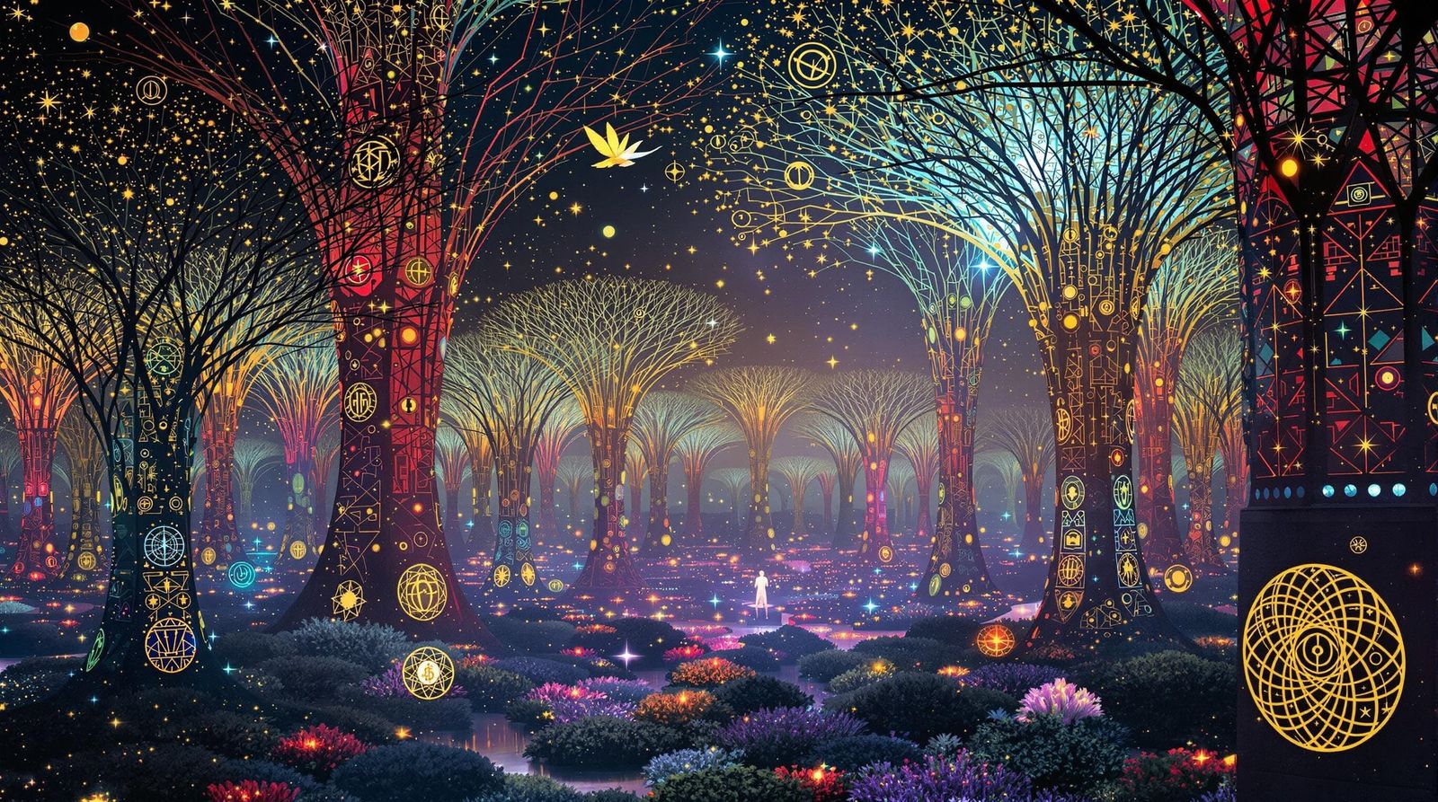 Gustav Klimt-Inspired Cyberpunk Forest of Wire Trees