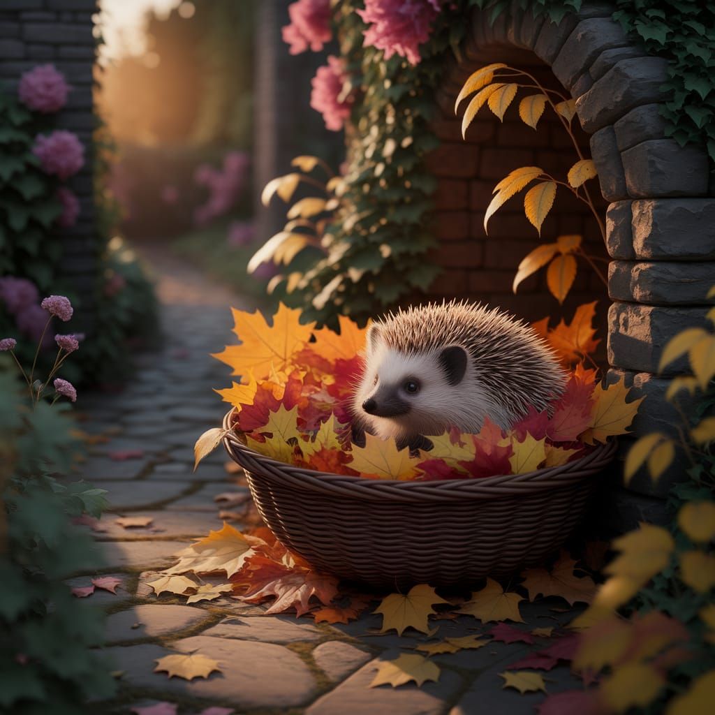 Fluffy Hedgehog Peeking from Autumn Leaves in Gentle Light