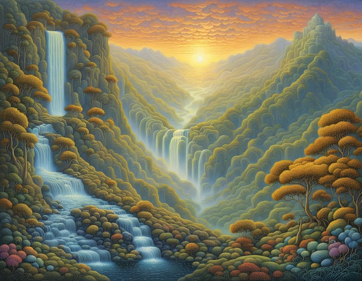 Sunrise Waterfall in Foggy Valley: Intricate Detail