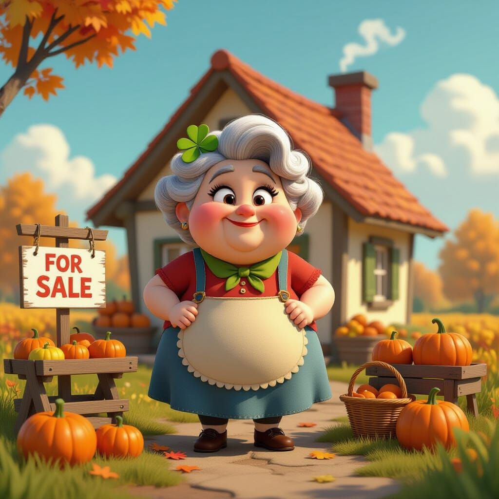 Whimsical Grandmother's Autumn Harvest, Pixar Style