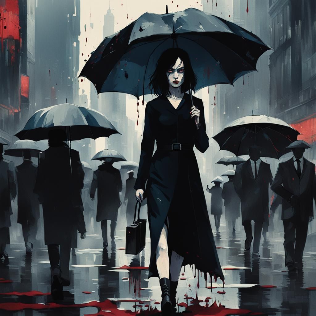 Gothic Noir Portrait of Woman in Rainy City