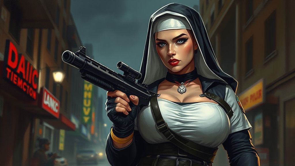 Punk Rock Nun in Military Uniform with Gun