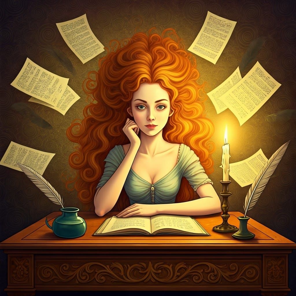 Dreamy Woman at Desk in Ethereal Illustration Style