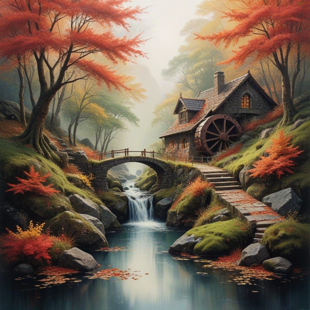 German Brick Waterwheel in Autumn Splendor