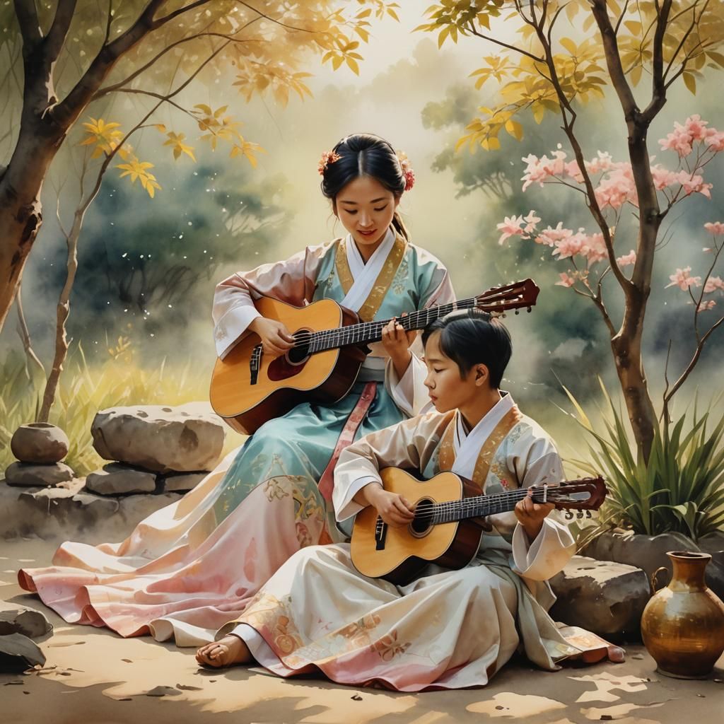 Boy and Girl Playing Music in Minwha Watercolor Style