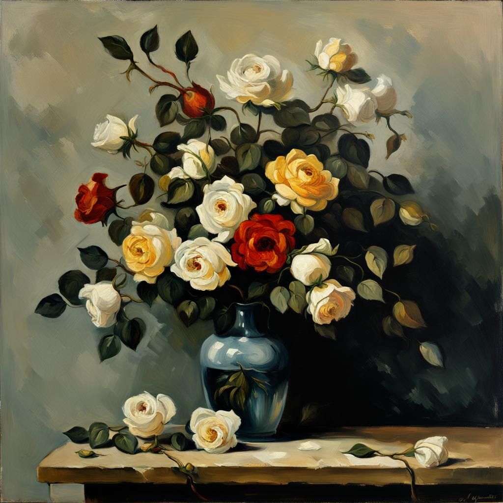 Realist Still Life: Decaying Roses in Muted Elegance