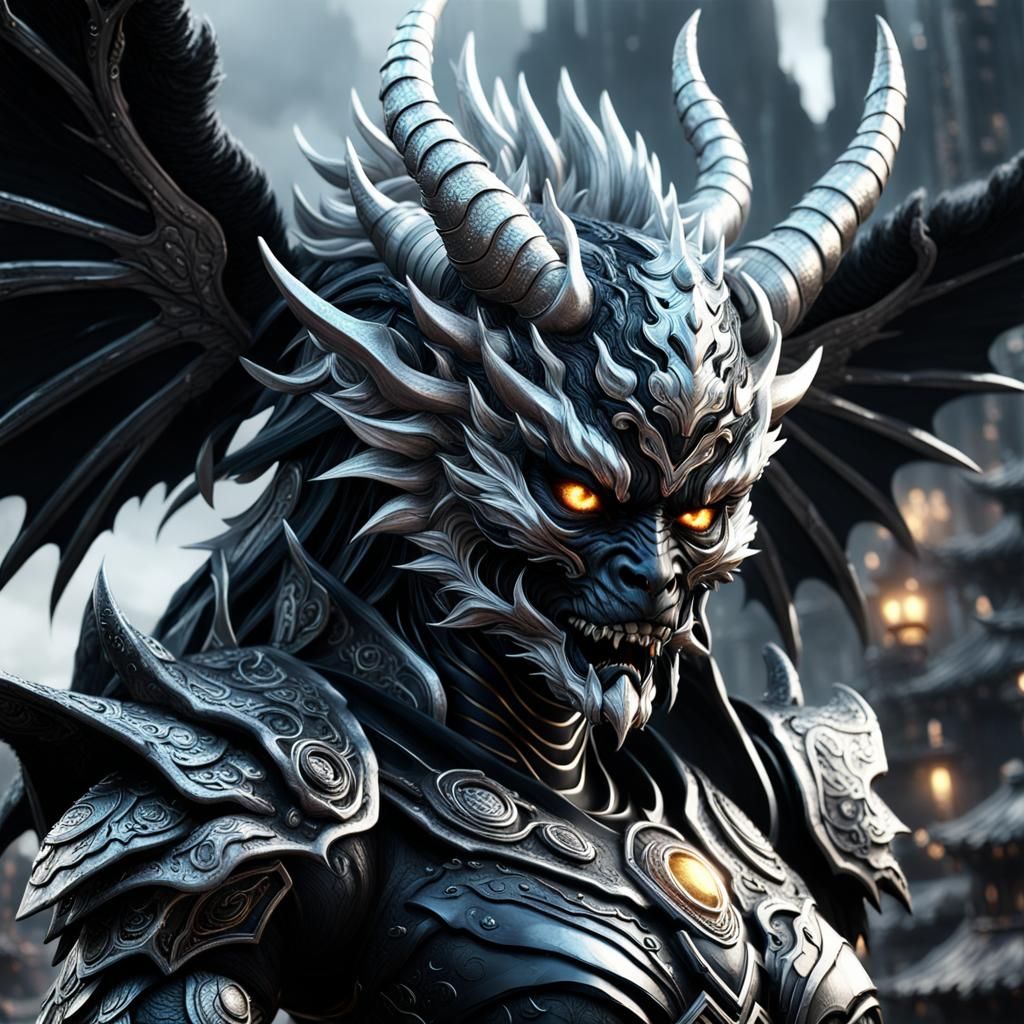 Angelic Black and Silver Oni Kaiju in Fantasy Art