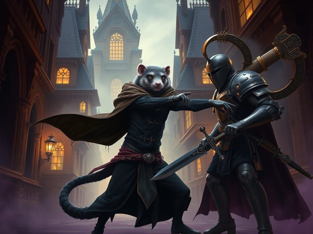 Ferret Thief Throws Dagger in Gothic Medieval Town