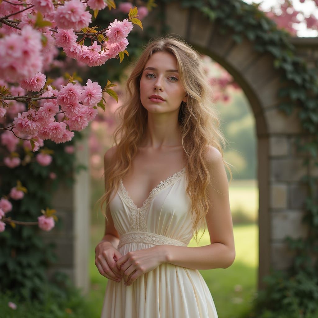 Romantic Portrait of Woman with Cherry Blossoms