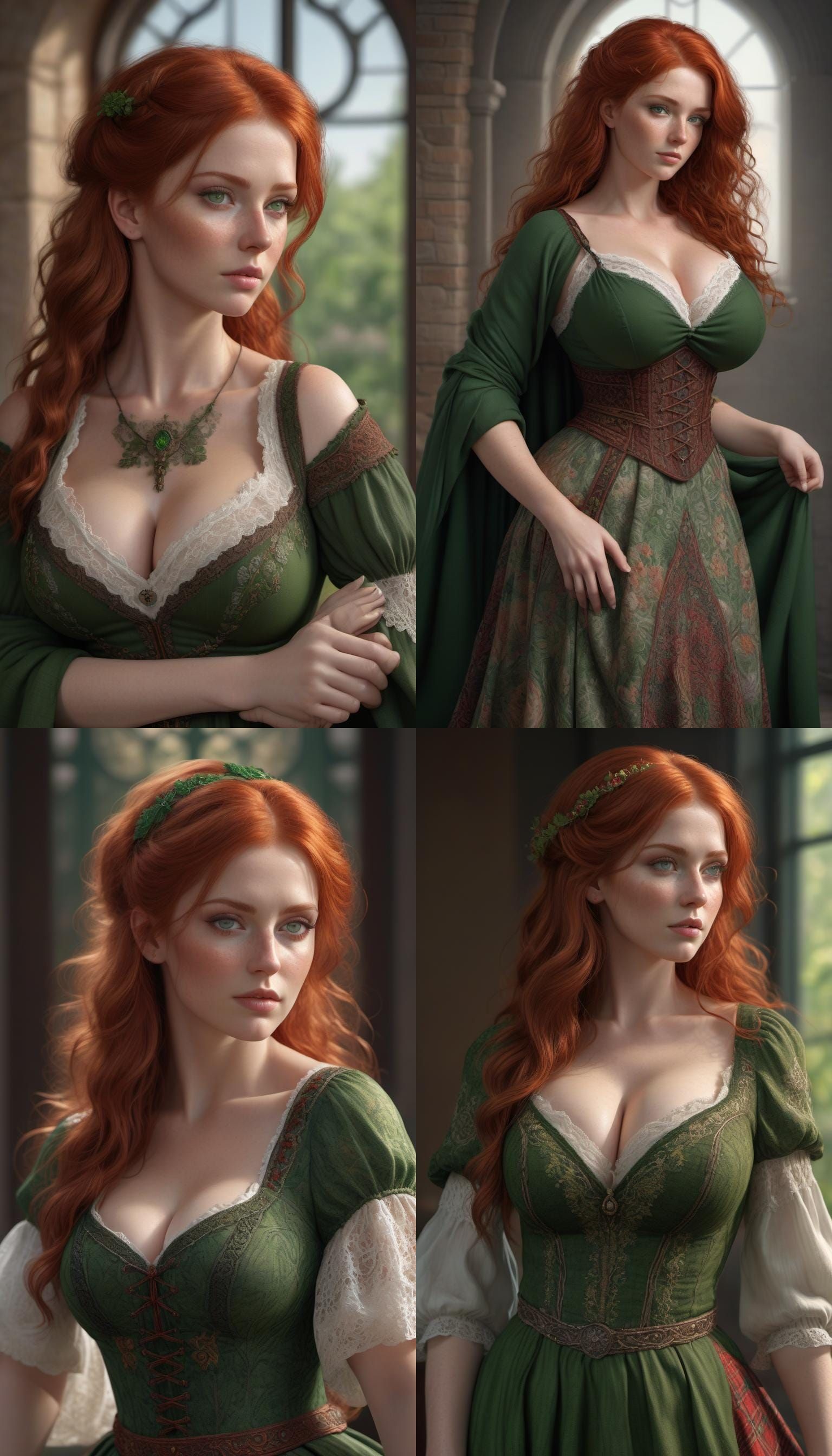 A full body image of a beautiful, alluring, stunning, voluptuous, red haired, green eyed, scottish woman with measuremen...