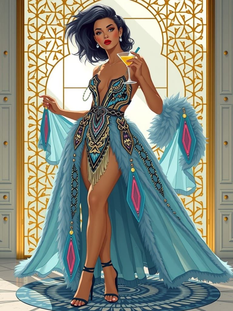 Woman in Fur Sipping Cocktail in Futuristic Style