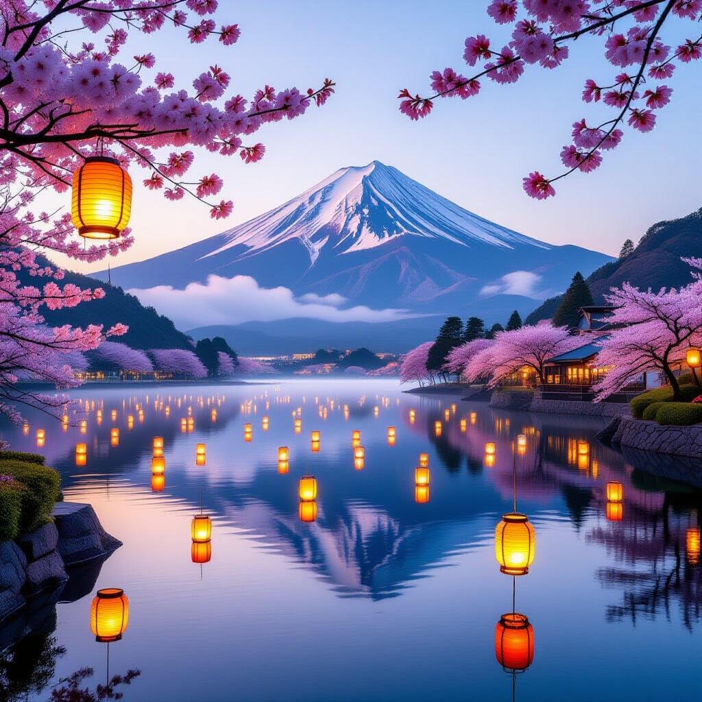Serene Island Blossoms with Glowing Lanterns at Golden Hour