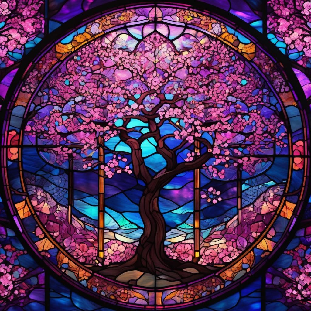 Cherry Blossoms through Stained Glass in Fractal Art