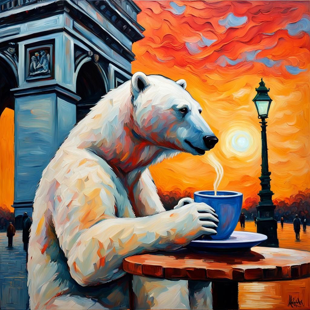 Polar Bear's Hopeful Paris Sunset, Expressionist Style