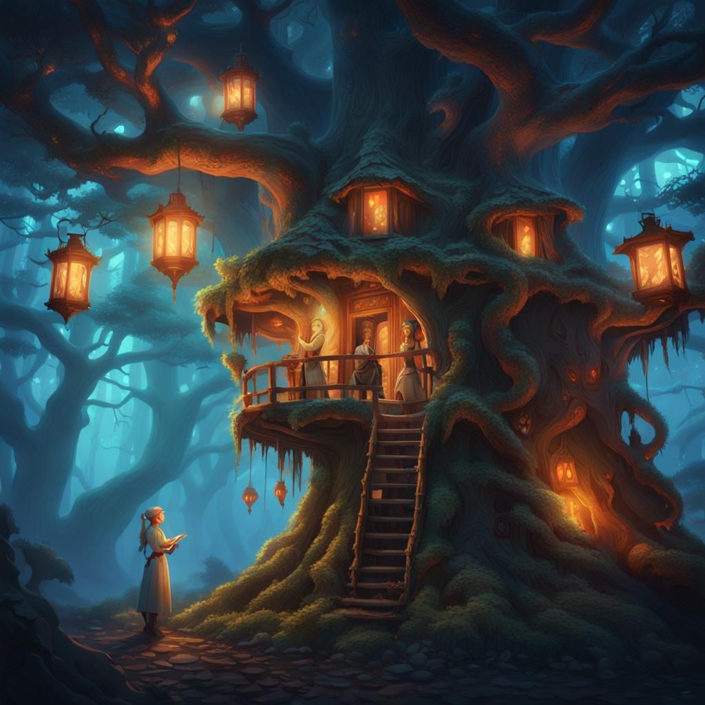 Dryad Heals Creature in Misty Treehouse