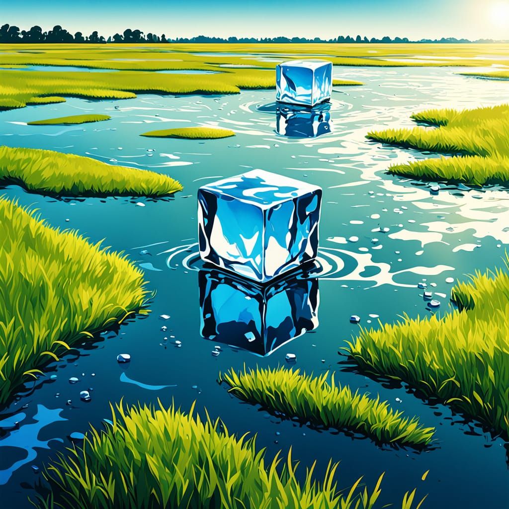 Giant Ice Cube Plunges into Pond: Hyper-Surreal Oil Painting