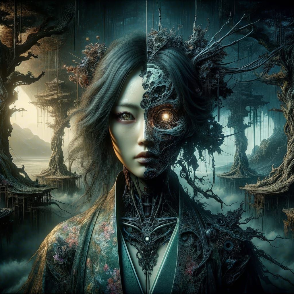 Biomechanical Woman in Surreal Landscape