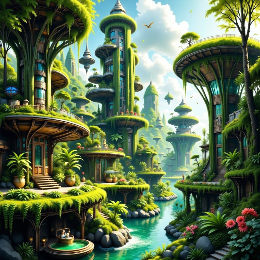 Futuristic Solarpunk Cityscape with Lush Green Architecture