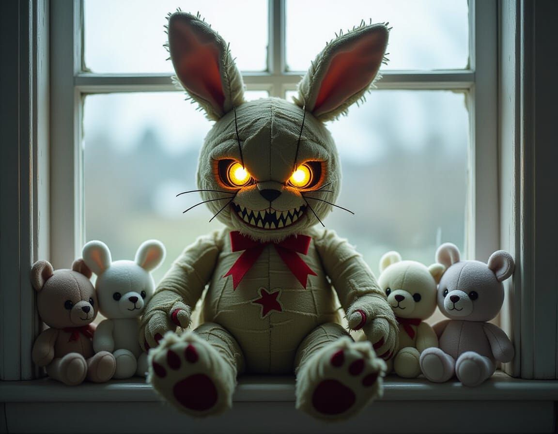 Scary Stuffed Rabbit with Glowing Eyes