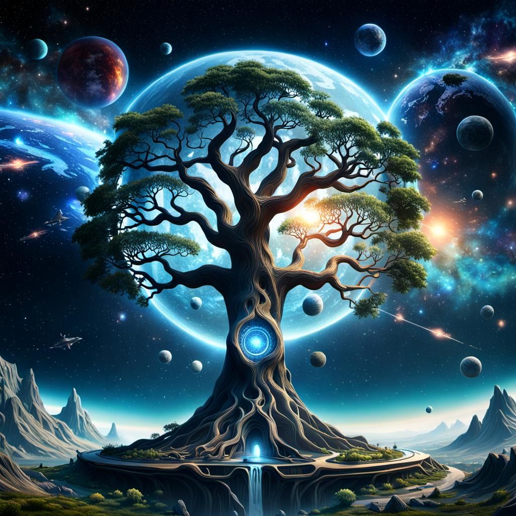 Yggdrasil and Nine Realms in Hyperrealistic Space
