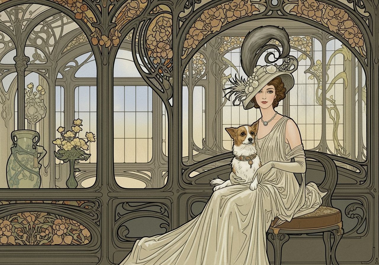 Elegant Woman and Dog in Art Nouveau Style