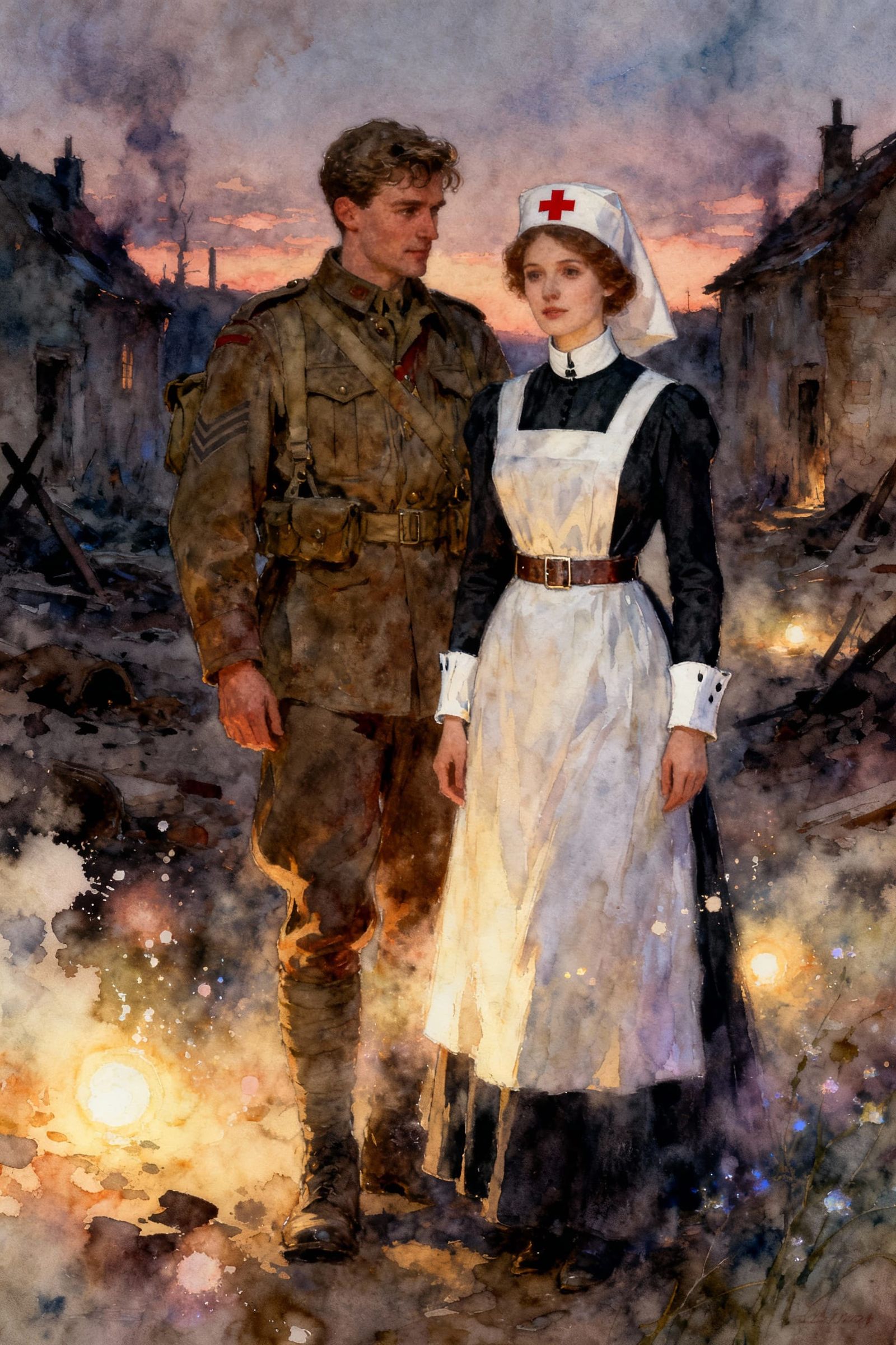 WWI Couple in War-Torn Village at Dusk