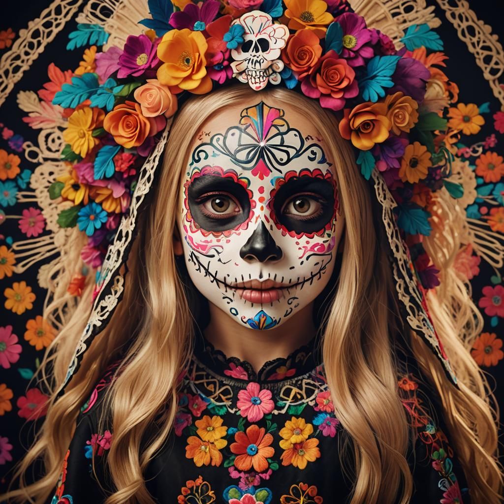 Russian Girl in Catrina Costume, Hyper-Realistic Film Still