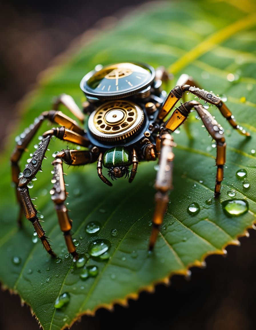 Steampunk Spider Macro Photography in Oil Painting Style