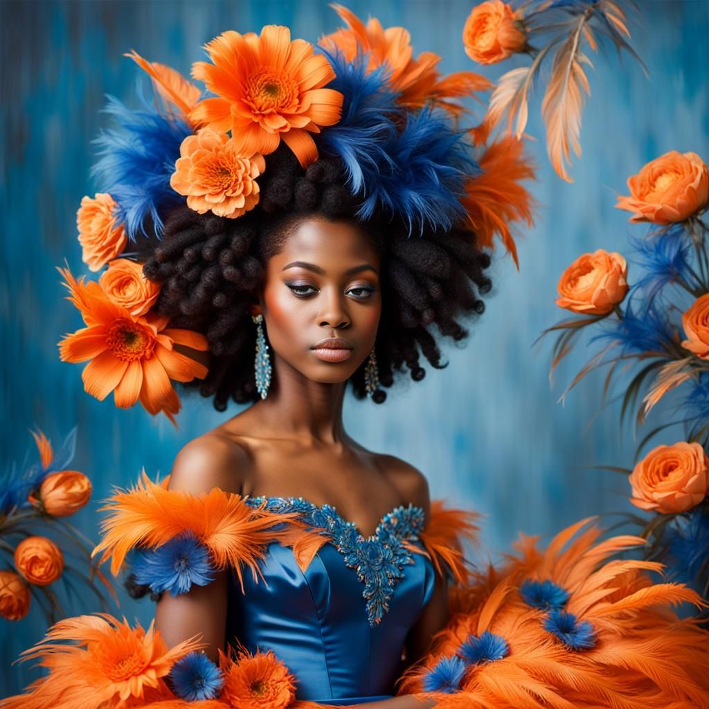 African American Girl in Feathered Gown in Ballroom