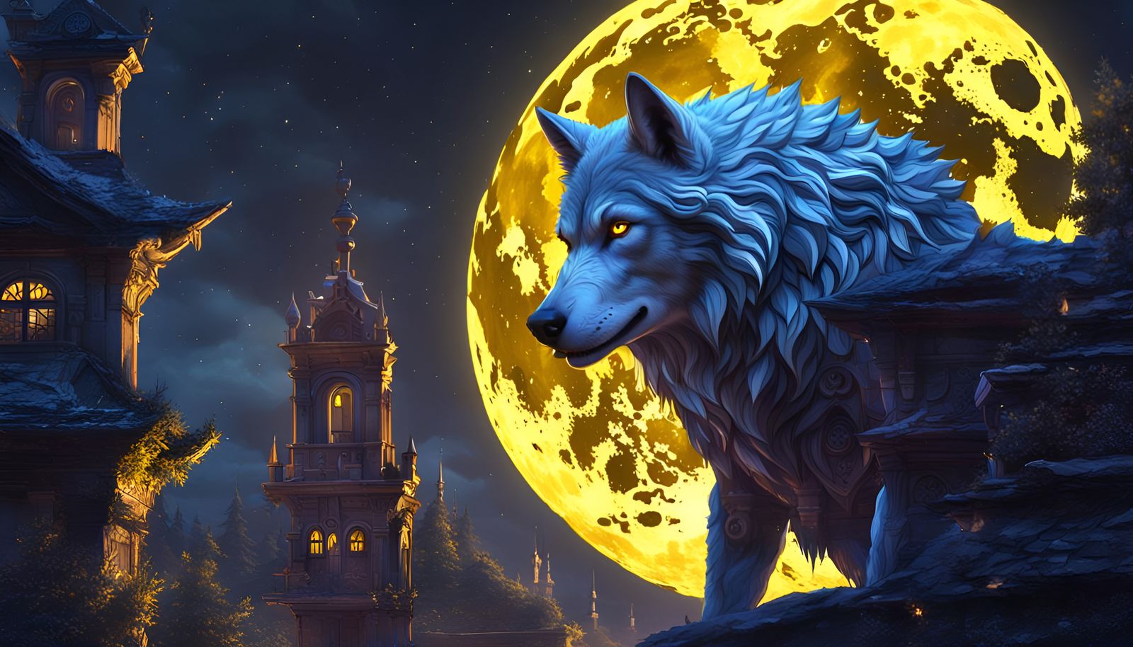Wolf in der Stadt bei Vollmond