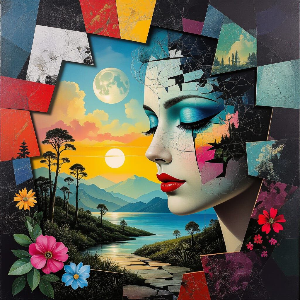 Vibrant Fragmented Surreal Dreamscape in Mixed Media