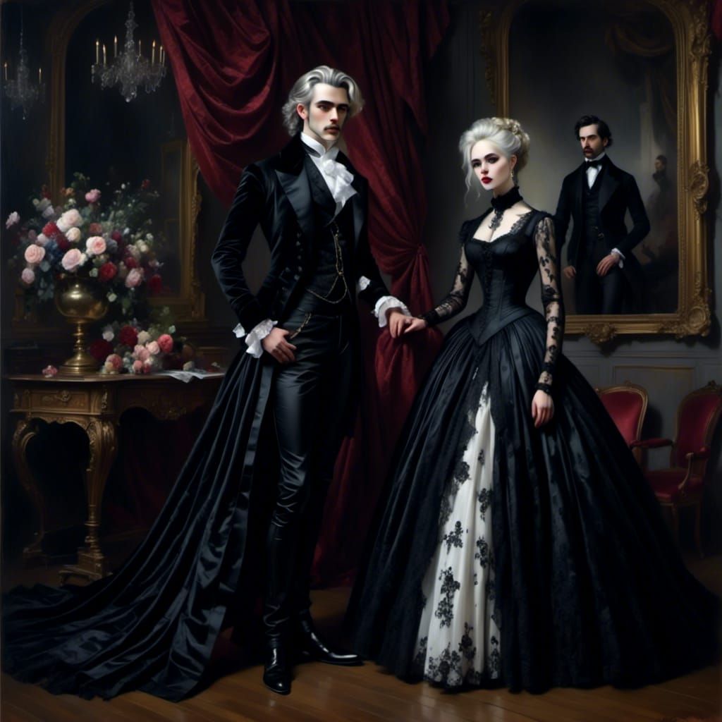 Gothic Couple in Victorian Dress with Intricate Details